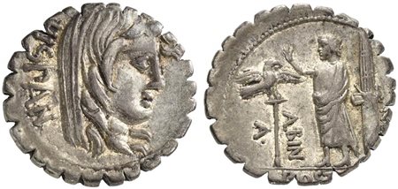 A. Postumius A.f. Sp.n. Albinus, Denarius serratus, Rome, 81 BC. AR (g 3,48; mm 19; h 6). Veiled head of Hispania r.; behind, HISPAN, Rv. Togate figure with hand raised, standing r. between legionary eagle and fasces with axe; aro