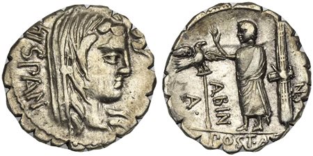 A. Postumius A.f. Sp.n. Albinus, Serrate Denarius, Rome, 81 BC. AR (g 4,19; mm 19; h 3). Veiled head of Hispania r.; HISPAN behind, Rv. Togate figure standing l., raising hand, between aquila and fasces; A•POST•A•[F•S•N•(AL)BI]N a