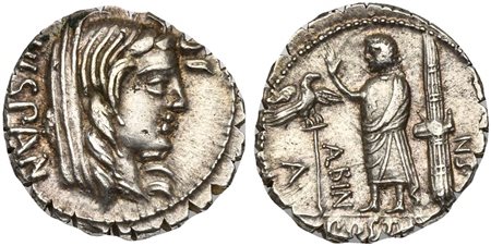 A. Postumius A.f. Sp.n. Albinus, Serrate Denarius, Rome, 81 BC. AR (g 4,06; mm 19; h 1). Veiled head of Hispania r.; HISPAN behind, Rv. Togate figure standing l., raising hand, between aquila and fasces; A•POST[•A•F•]S•N•(AL)BIN a
