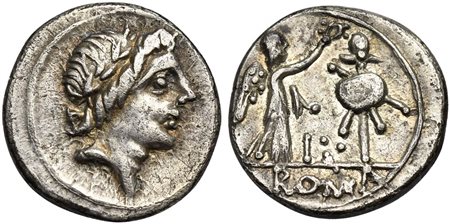 Anonymous, Quinarius, Rome, 81 BC. AR (g 1,83; mm 14; h 5). Laureate head of Apollo r., Rv. Victory standing r., crowning trophy; control mark between; ROMA in exergue. Crawford 373/1b; RSC 227a; Sydenham 609a. Good very fine