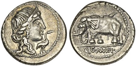 Q. Caecilius Metellus Pius, Denarius, Rome, 81 BC. AR (g 2,87; mm 19; h 12). Diademed head Pietas r.; in r. field, stork r., Rv. Elephant walking l.; Q•C•M•P•I in exergue. Crawford 374/1; RSC Caecilia 43; Sydenham 750. Very fine -