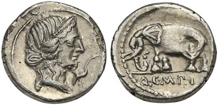 Q. Caecilius Metellus Pius, Denarius, Rome, 81 BC. AR (g 3,89; mm 18; h 5). Diademed head Pietas r.; in r. field, stork r., Rv. Elephant walking l.; Q•C•M•P•I in exergue. Crawford 374/1; RSC Caecilia 43; Sydenham 750. Very fine - 