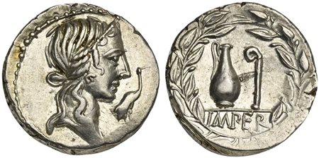 Q. Caecilius Metellus Pius, Denarius, Rome, 81 BC. AR (g 3,87; mm 19; h 3). Diademed head Pietas r.; in r. field, stork, Rv. Jug and lituus; IMPER below; all within laurel wreath. Crawford 374/2; Caecilia 44; Sydenham 751. Good ve