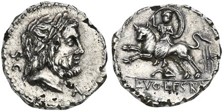 L. Volteius L.f. Strabo, Serrate Denarius, Rome, 81 BC. AR (g 3,28; mm 20; h 11). Laureate head of Jupiter r.; S•C behind, A below chin, Rv. Europa seated on bull galloping l., holding veil over head; thunderbolt to r.; below, vin