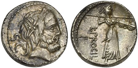 L. Procilius, Denarius, Rome, 80 BC. AR (g 4,09; mm 18; h 6). Laureate head of Jupiter r.; S•C behind, Rv. Juno Sospita walking r., hurling spear and holding shield; serpent before; L•PROCILI•F to l. Crawford 379/1; Procilia 1; Sy