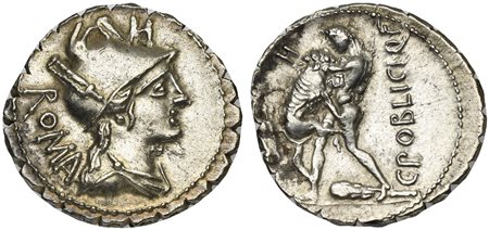 C. Poblicius Q.f., Serrate Denarius, Rome, 80 BC. AR (g 4,10; mm 20; h 5). Helmeted and draped bust of Roma r.; H above, ROMA behind, Rv. Hercules standing l., strangling Nemean Lion; club at his feet; bow and arrows to l.; H abov