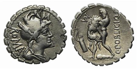 C. Poblicius Q.f., Serrate Denarius, Rome, 80 BC. AR (g 3,95; mm 20; h 4). Helmeted and draped bust of Roma r.; M above, ROMA behind, Rv. Hercules standing l., strangling Nemean Lion; club at his feet; bow and arrows to l.; M abov
