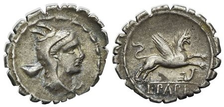 L. Papius, Serrate Denarius, Rome, 79 BC. AR (g 3,76; mm 20,5; h 12). Head of Juno Sospita r., wearing goat’s skin headdress; vase behind, Rv. Griffin springing r.; rhyton below; L•PAPI in exergue. Crawford 384/1 (symbols 33); Pap