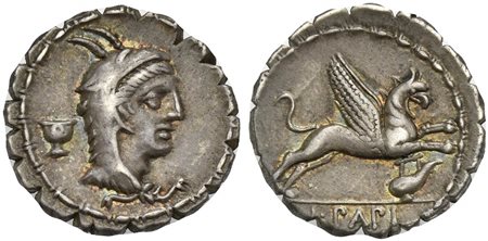 L. Papius, Serrate Denarius, Rome, 79 BC. AR (g 4,11; mm 18; h 5). Head of Juno Sospita r., wearing goat’s skin headdress; cup behind, Rv. Griffin springing r.; lamp below; L•PAPI in exergue. Crawford 384/1 (symbols 51); Papia 1; 