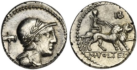 M. Volteius M.f., Denarius, Rome, 75 BC. AR (g 3,79; mm 18; h 6). Laureate, helmeted and draped bust of Attis r.; hammer to l., Rv. Cybele driving biga of lions r.; IB above, M•VOLTEI•[M•F] in exergue. Crawford 385/4; Volteia 4; S