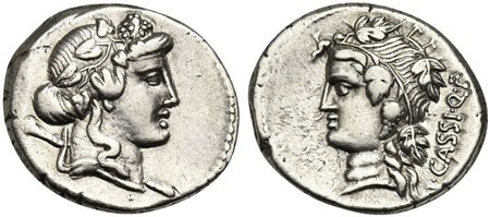 L. Cassius Q.f. Longinus, Denarius, Rome, 75 BC. AR (g 3,76; mm 19; h 6). Head of Liber (or Bacchus) r., wearing ivy wreath; thyrsus over shoulder, Rv. Head of Libera l., wearing vine wreath; L•CASSI•Q•F behind. Crawford 386/1; Ca