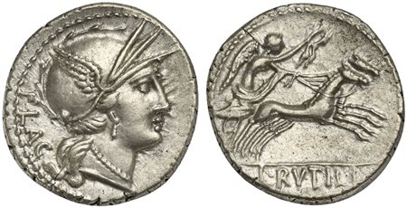 L. Rutilius Flaccus, Denarius, Rome, 77 BC. AR (g 3,62; mm 18; h 6). Helmeted head of Roma r., wearing peaked visor; FLAC behind, Rv. Victory driving galloping biga r., holding reins and wreath; L•RVTILI in exergue. Crawford 387/1