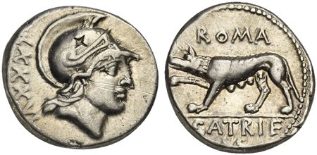 P. Satrienus, Denarius, Rome, 77 BC. AR. Helmeted head of young Mars r.; IXXXVI to l.; Rv. SATRIEN/VS, She-wolf standing l. with paw raised; ROMA above. Crawford 388/1b; cf. RBW 1422; RSC Satriena 1. Scratches, otherwise good very
