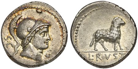 L. Rustius, Denarius, Rome, 74 BC. AR (g 3,96; mm 19; h 6). Helmeted head of Mars r.; S•C behind, denomination mark before, Rv. Ram standing r.; L•RVST[I] in exergue. Crawford 389/1; Rustia 1; Sydenham 782. Iridescent tone, very f