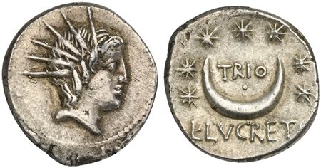 L. Lucretius Trio, Denarius, Rome, 74 BC. AR (g 3,96; mm 19; h 8). Radiate head of Sol r., Rv. Seven stars around pellet within crescent moon; TRIO above, L•LVCRETI below. Crawford 390/1; Lucretia 2; Sydenham 783. Good very fine
