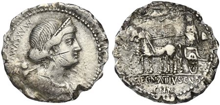 Cn. Egnatius Cn.f. Cn.n. Maxsumus, Denarius, Rome, 76 BC. AR (g 3,86; mm 20; h 5). Diademed and draped bust of Venus r., cupid on shoulder; MAXSVMVS behind, Rv. Liberty in walking quadriga r., crowned by Victory; C•EGNATIVS•CN•F /