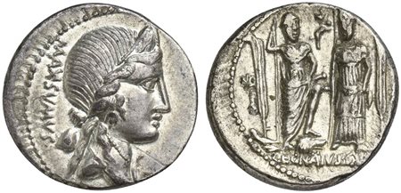 Cn. Egnatius Cn.f. Cn.n. Maxsumus, Denarius, Rome, 76 BC. AR (g 3,65; mm 18; h 7). Diademed and draped bust of Libertas r.; MAXSVMVS and pileus to l., Rv. Roma, holding staff and sword, foot on wolf's head, and Venus, holding staf