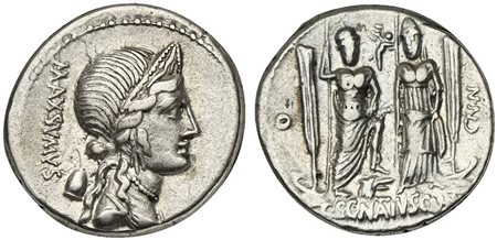 Cn. Egnatius Cn.f. Cn.n. Maxsumus, Denarius, Rome, 76 BC. AR (g 3,92; mm 18; h 6). Diademed and draped bust of Libertas r.; MAXSVMVS and pileus to l., Rv. Roma, holding staff and sword, foot on wolf's head, and Venus, holding staf