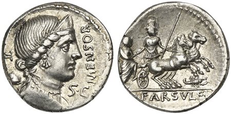 L. Farsuleius Mensor, Denarius, Rome, 76 BC. AR (g 3,93; mm 18; h 6). Diademed and draped bust of Libertas r.; control mark and pileus behind, MENSOR before, S•C below chin. R/ Roma in biga r., assisting togate figure into chariot