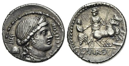 L. Farsuleius Mensor, Denarius, Rome, 76 BC. AR (g 3,85; mm 18,5; h 7). Diademed and draped bust of Libertas r.; control mark and pileus behind, MENSOR before, S•C below chin. R/ Roma in biga r., assisting togate figure into chari