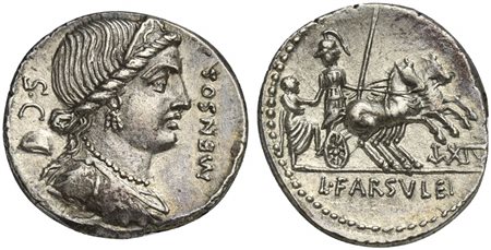 L. Farsuleius Mensor, Denarius, Rome, 76 BC. AR (g 3,86; mm 19; h 3). Diademed and draped bust of Libertas r.; S•C and pileus behind, CENSOR before, Rv. Roma holding spear and reins in biga, assisting togate figure into chariot; c