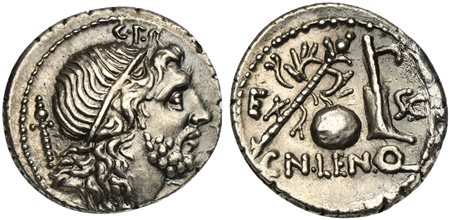 Cn. Lentulus, Denarius, Spanish(?) mint, 76-75 BC. AR (g 3,81; mm 20; h 5). Diademed and draped bust of Genius r., with sceptre over shoulder; G•P•R above, Rv. Sceptre with wreath, terrestrial globe and rudder; EX to l.; SC to r.;