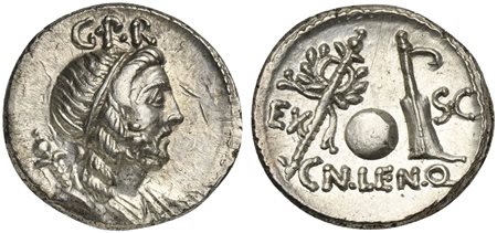 Cn. Lentulus, Denarius, Spanish(?) mint, 76-75 BC. AR (g 3,94; mm 19; h 5). Diademed and draped bust of Genius r., with sceptre over shoulder; G•P•R above, Rv. Sceptre with wreath, terrestrial globe and rudder; EX to l.; SC to r.;