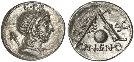 Cn. Lentulus, Denarius, Spanish(?) mint, 76-75 BC. AR (g 3,72; mm 19; h 6). Diademed and draped bust of Genius r., with sceptre over shoulder; G•P•R above, Rv. Sceptre with wreath, terrestrial globe and rudder; EX to l.; SC to r.;