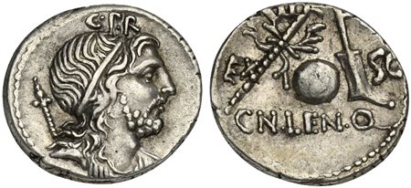 Cn. Lentulus, Denarius, Spanish(?) mint, 76-75 BC. AR (g 3,88; mm 19; h 6). Diademed and draped bust of Genius r., with sceptre over shoulder; G•P•R above, Rv. Sceptre with wreath, terrestrial globe and rudder; EX to l.; SC to r.;