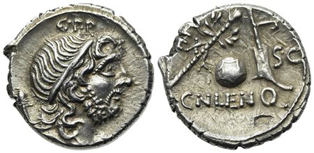 Cn. Lentulus, Denarius, Spanish(?) mint, 76-75 BC. AR (g 3,92; mm 19; h 6). Diademed and draped bust of Genius r., with sceptre over shoulder; G•P•R above, Rv. Sceptre with wreath, terrestrial globe and rudder; EX to l.; SC to r.;