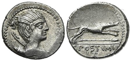 C. Postumius At or Ta, Denarius, Rome, 74 BC. AR (g 3,94; mm 19; h 6). Draped bust of Diana r., with bow and quiver over shoulder, Rv. Hound running r.; below, spear; in ex. C POSTVMI / AT (or TA). Crawford 394/1a; Postumia 9; Syd