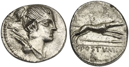 C. Postumius At or Ta, Denarius, Rome, 74 BC. AR (g 3,66; mm 18; h 3). Draped bust of Diana r., with bow and quiver over shoulder, Rv. Hound running r.; below, spear; in ex. C POSTVMI / AT (or TA). Crawford 394/1a; Postumia 9; Syd