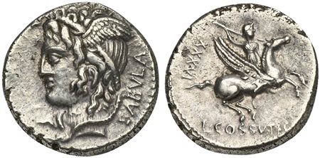 L. Cossutius C.f. Sabula, Denarius, Rome, 72 BC. AR (g 3,90; mm 18; h 7). Winged head of Medusa l., serpents in her hair; SABVLA behind, Rv. Bellerophon riding Pegasus r., hurling spear; XXVI on l.; L•COSSVTI•C•F below. Crawford 3