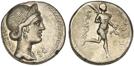L. Plaetorius L.f. Cestianus, Denarius, Rome, 67 BC. AR (g 3,92; mm 17; h 4). Diademed and draped bust of Juno Moneta r.; MONETA behind, S•C before, Rv. Athlete advancing r., holding palm frond and caestus; L•PLAETORI behind, L•F•