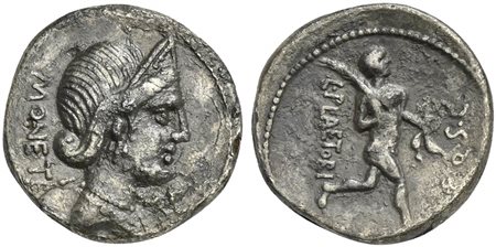 L. Plaetorius L.f. Cestianus, Denarius, Rome, 67 BC. AR (g 3,37; mm 19; h 8). Diademed and draped bust of Juno Moneta r.; MONETA behind, S•C below chin, Rv. Athlete advancing r., holding palm frond and caestus; L•PLAETORI behind, 