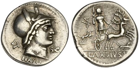 Lucius Axius L.f. Naso, Denarius, Rome, 70 BC. AR (g 3,85; mm 20; h 6). Head of young beardless Mars r., wearing helmet ornamented with plumes; VT behind; NASO]below head; S•C below chin, Rv. Diana, holding spear in r. hand and re