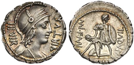 Mn. Aquillius Mn. f. Mn. n., Serrate Denarius, Rome, 71 BC. AR (g 3,95; mm 20; h 6). Helmeted bust of Virtus r.; IIIVIR behind, VIRTVS before, Rv. The consul Manius Aquillius standing facing, holding shield and raising slumped Sic