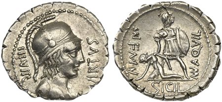 Mn. Aquillius Mn. f. Mn. n., Serrate Denarius, Rome, 71 BC. AR (g 3,78; mm 21; h 6). Helmeted bust of Virtus r.; IIIVIR behind, VIRTVS before, Rv. The consul Manius Aquillius standing facing, holding shield and raising slumped Sic