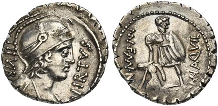 Mn. Aquillius Mn. f. Mn. n., Serrate Denarius, Rome, 71 BC. AR (g 3,99; mm 20; h 6). Helmeted bust of Virtus r.; IIIVIR behind, VIRTVS before, Rv. The consul Manius Aquillius standing facing, holding shield and raising slumped Sic