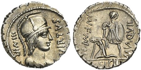 Mn. Aquillius Mn. f. Mn. n., Serrate Denarius, Rome, 71 BC. AR (g 3,94; mm 20; h 6). Helmeted bust of Virtus r.; IIIVIR behind, VIRTVS before, Rv. The consul Manius Aquillius standing facing, holding shield and raising slumped Sic