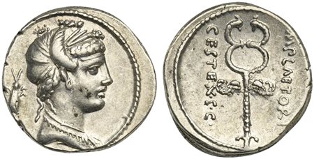 M. Plaetorius M.f. Cestianus, Denarius, Rome, 57 BC. AR (g 4,07; mm 18; h 2). Draped bust of Ceres(?) r., wearing necklace and her hair in net and decorated with poppies; control mark behind, Rv. Upright winged caduceus; M•PLAETOR
