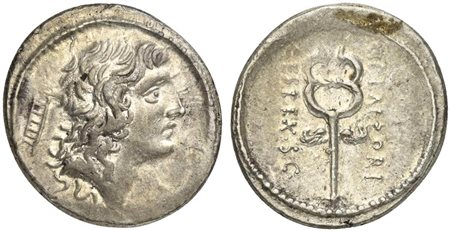 M. Plaetorius M.f. Cestianus, Denarius, Rome, 69 ΒC. AR (g 4,04; mm 19; h 6). Male head r.; behind, control symbol, Rv. Winged caduceus; on r., M PLAETORI; on l., CEST EX S C. Crawford 405/5; Plaetoria 5; Sydenham 807. Cabinet ton