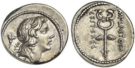 M. Plaetorius M.f. Cestianus, Denarius, Rome, 57 BC. AR (g 4,03; mm 18; h 5). Male head (Bonus Eventus) r.; poppy behind, Rv. Winged caduceus; M•PLAETORI to r., CEST•EX•S•C to l. Crawford 405/5; Plaetoria 5; Sydenham 807. Near ext