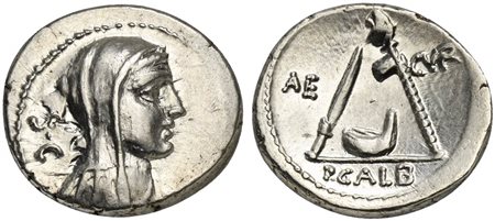 P. Sulpicius Galba, Denarius, Rome, 69 BC. AR (g 3,91; mm 18; h 6). Veiled head of Vesta r.; S•C behind, Rv. Knife, simpulum and ornamented axe; AE to l., CVR to r., P•GALB in exergue. Crawford 406/1; Sydenham 839; Sulpicia 6. Abo