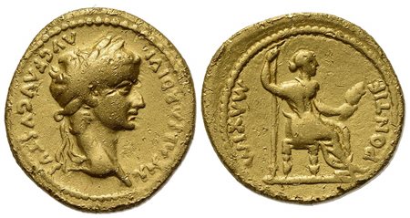 Tiberius (14-37), Aureus, Lugdunum, 36-7. AV (g 7,49; mm 18,5; h 3). TI CAESAR DIVI AVG F AVGVSTVS, Laureate head r., Rv. PONTIF MΛXIM, Livia (as Pax) seated r. on chair, feet on footstool, holding sceptre in r. hand and olive bra