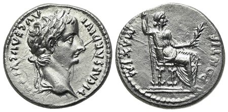 Tiberius (14-37), Denarius, Lugdunum, ca. AD 14-37. AR (g 3,67; mm 18; h 12). TI CAESAR DIVI - AVG F AVGVSTVS, laureate head r., Rv. PONTIF - MAXIM, female figure (Livia - Pax) seated r., holding inverted spear and branch. RIC 28;