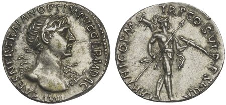 Trajan (98-117), Denarius, Rome, 116-7. AR (g 3,27; mm 17; h 6). IMP CAES NER TRAIAN OPTIM AVG GERM DAC, Laureate bust r., wearing aegis on far shoulder, Rv. PARTHICO P M TR O COS VI P P S P Q R, Mars advancing r., holding transve