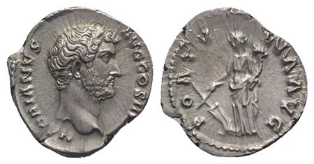Hadrian (117-138), Denarius, Rome, ca. 132-5. AR (g 3,62; mm 18; h 6). HADRIANVS AVG COS III, Bare head r.; Rv. FORTV-NA AVG, Fortuna standing l., holding rudder set on globe and cornucopia. RIC 244; RSC 762. Toned, near extremely