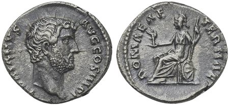 Hadrian (117-138), Denarius, Rome, 134-8. AR (g 3,57; mm 18; h 6). HADRIANVS AVG COS III P P, Bare head r., Rv. ROMAE AETERNAE, Roma seated l. on chair, holding palladium and spear; shield below. RIC 265; RSC 1312. Toned, good ver