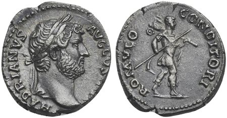 Hadrian (117-138), Denarius, Rome, 134-8. AR (g 3,37; mm 17; h 6). HADRIANVS AVG COS III P P, Laureate bust r., slight drapery, Rv. ROMVLO CONDITORI, Romulus, wearing military attire, advancing r., holding trophy over shoulder and